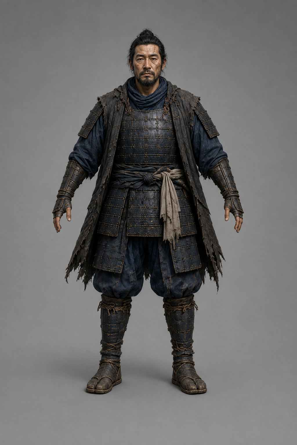 Ren — A weathered swordsman in layered armor.