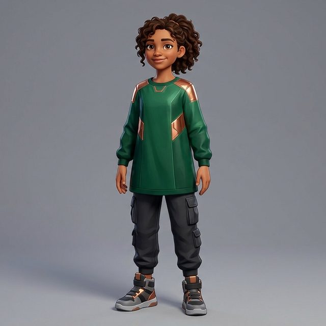Zara — An inventive hero in emerald and copper.