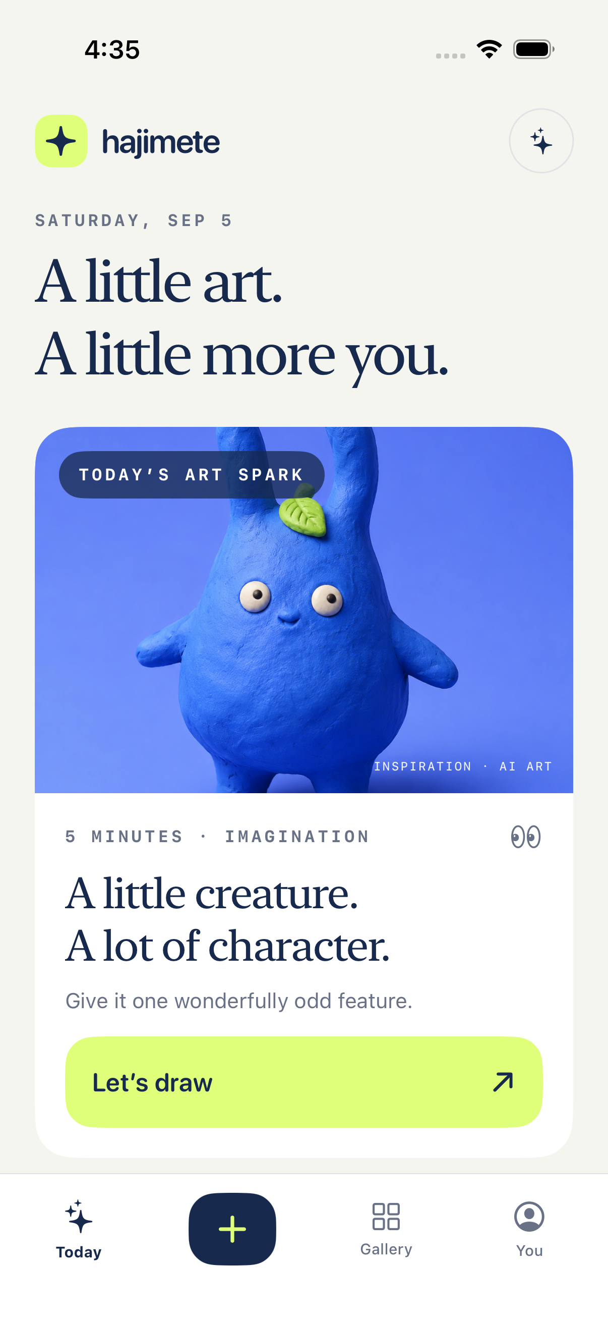 Hajimete’s iOS home screen with a daily art prompt